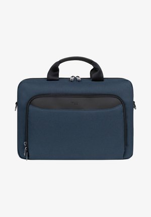 Marineblauwe stoffen laptoptas met een gestructureerde vorm, handvatten bovenaan, een zwarte voorzak met rits en een textuurmateriaal. Rits hoofdcompartiment.