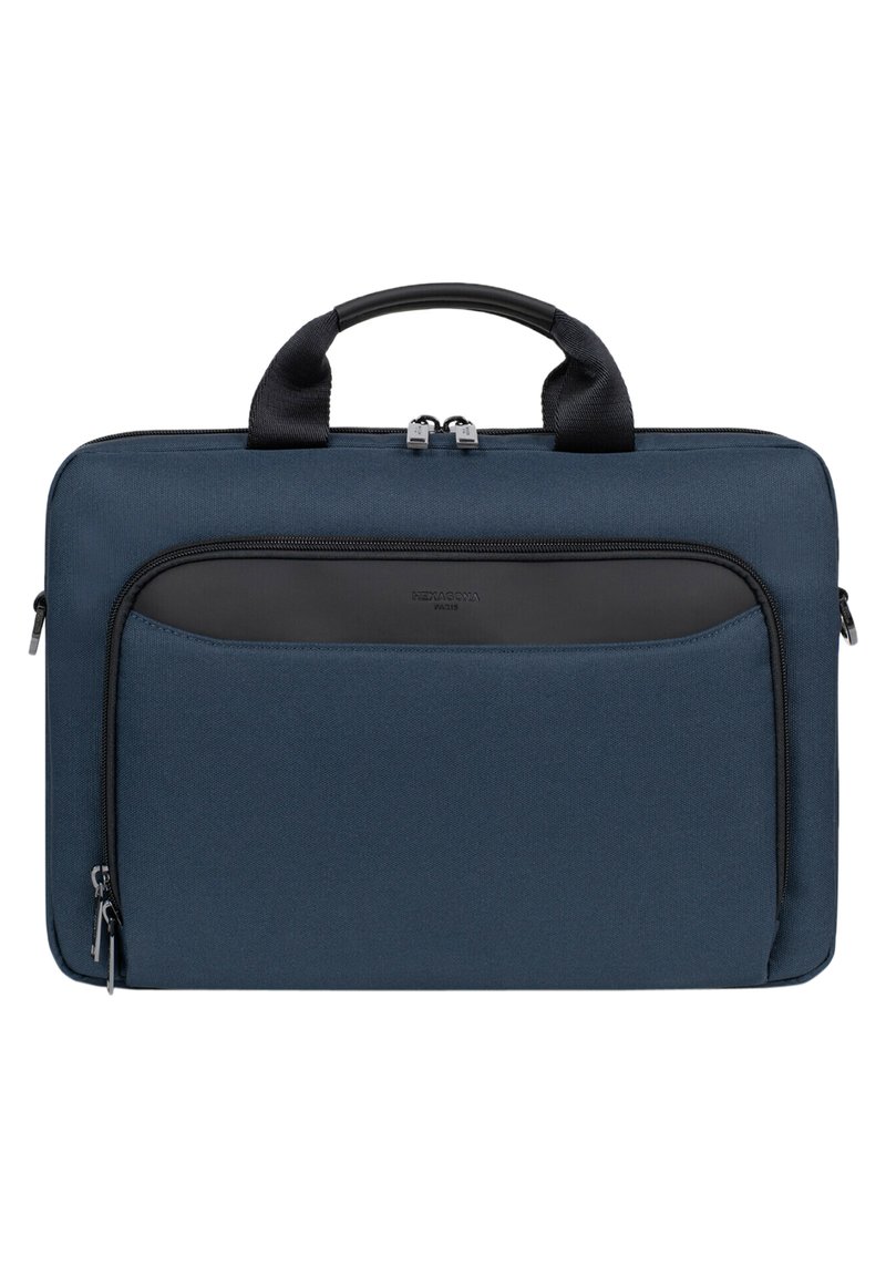 Marineblauwe stoffen laptoptas met een gestructureerde vorm, handvatten bovenaan, een zwarte voorzak met rits en een textuurmateriaal. Rits hoofdcompartiment.