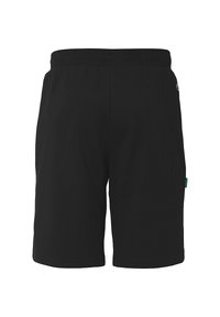 Zwarte sportshorts met een elastische tailleband, een gladde textuur, knielange snit en een klein groen label aan de linkerkant.