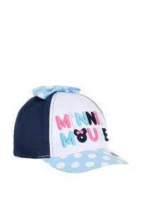 Gorra azul y blanca con el texto bordado "MINNIE MOUSE", un lazo en la parte superior y un visor de lunares azules. Fabricada de tela.