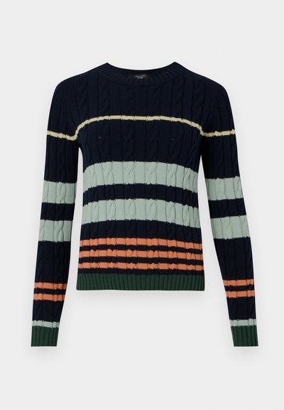 Knitted sweater featuring navy, mint green, and coral stripes with a cable pattern and ribbed cuffs and hem. Crew neck design.