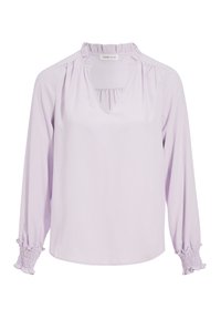 Blusa lavanda con scollatura a V, colletto arricciato e polsini elasticizzati. Realizzata in tessuto liscio con una vestibilità morbida e maniche lunghe.