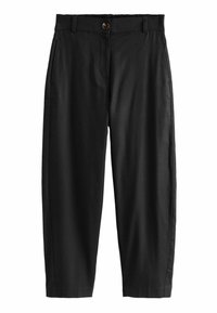 Pantalon noir en tissu léger, doté d'un devant plat, d'une taille élastique et de poches latérales, avec une coupe décontractée et une longueur raccourcie.