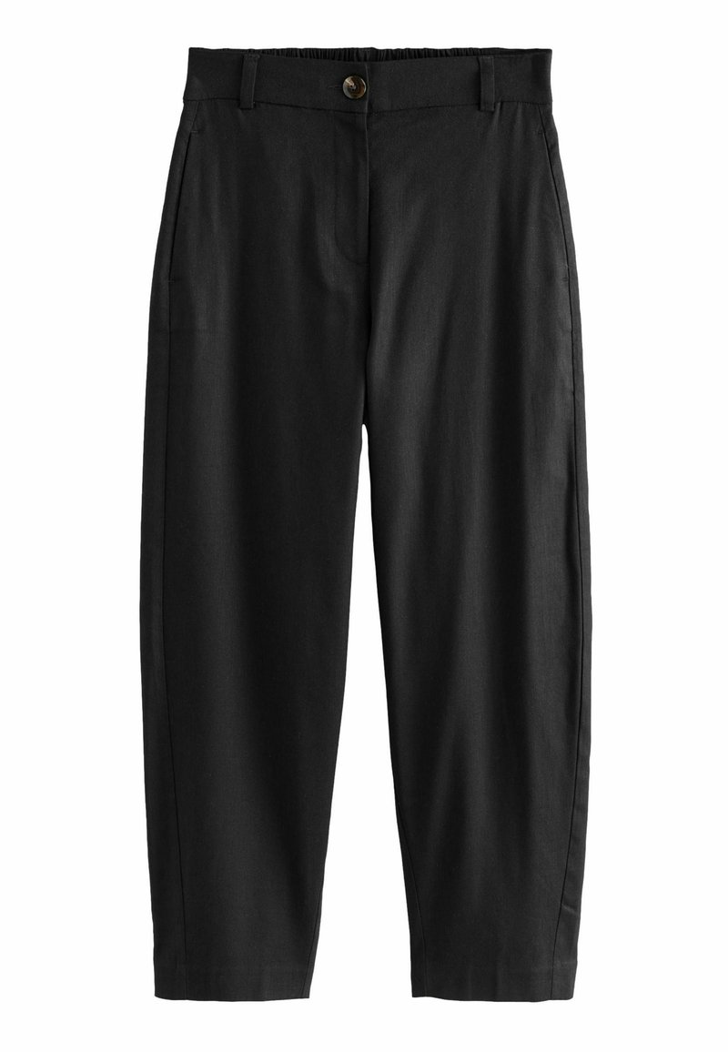 Pantalon noir en tissu léger, doté d'un devant plat, d'une taille élastique et de poches latérales, avec une coupe décontractée et une longueur raccourcie.