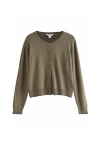 Oliivivihreä villatakki, joka on valmistettu pehmeästä neuleesta. Takissa on pyöreä kaulus, napitus edessä sekä ribbauskudot hihansuissa ja helmassa.