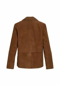 Veste en daim marron vue de dos avec manches longues, un col et des détails de coutures visibles sur fond blanc.