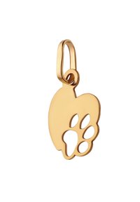 Złoty charms w kształcie łapki z wyciętymi detalami, a także pętelką do przymocowania. Gładka tekstura i zaokrąglone krawędzie.