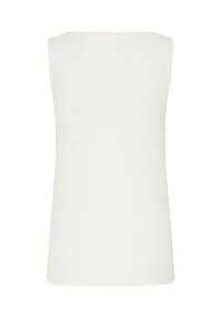 Haut blanc sans manches à col rond avec un ourlet droit et une texture lisse, vu de dos.