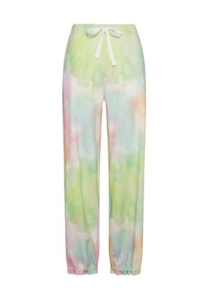 Pantaloni jogger ușori, tie-dye în nuanțe pastel de verde, roz și portocaliu. Talie elastică cu șnur alb; manșete elastice la glezne.