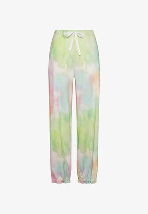 Lightweight, tie-dye joggers in pastel green, pink, and orange hues. Elastic waistband with white drawstring; elastic cuffs at the ankles.