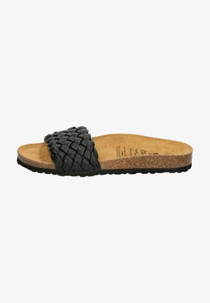 Black woven slide sandal with a cork footbed. Features a textured strap and a lightweight rubber sole. Simple, open design.