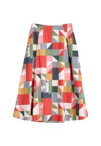 Jupe mi-longue multicolore présentant un design patchwork géométrique en tissus rouge, rose, vert, bleu et beige avec des plis.