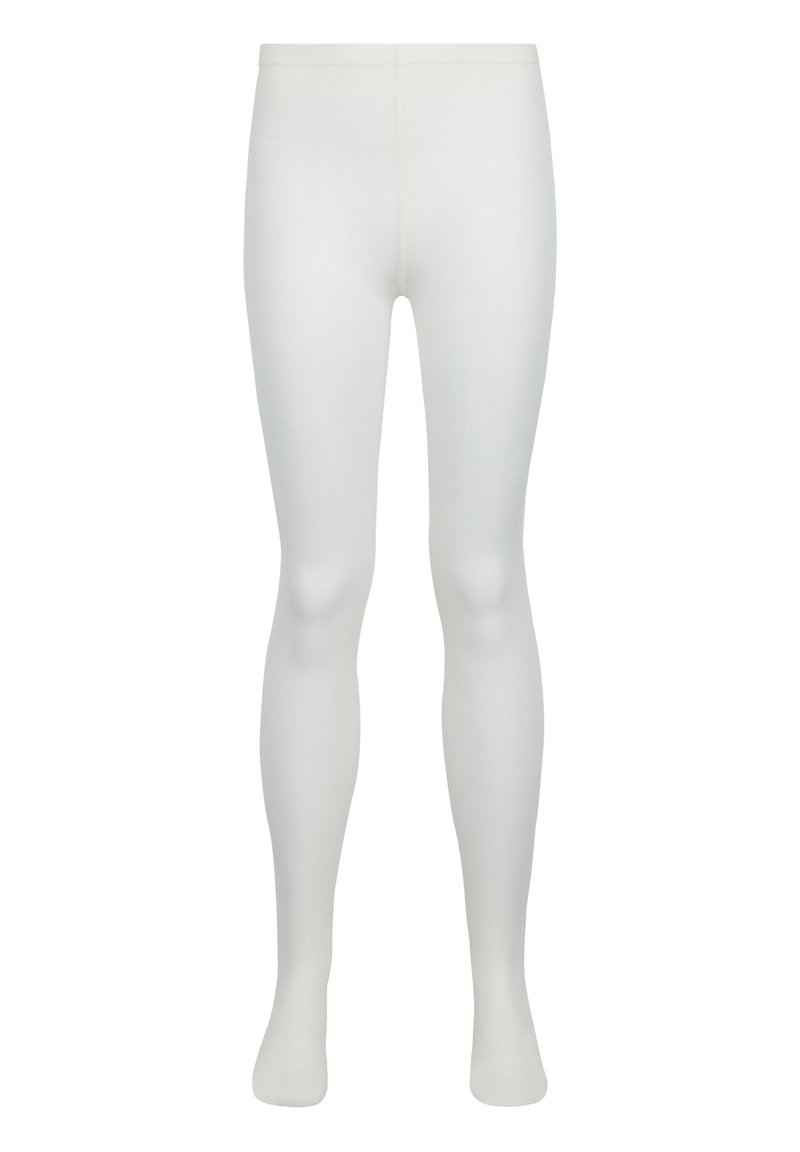 Collants blancs en matière lisse et extensible. Ils présentent un design sans couture avec une taille douce et une couverture longue entière.