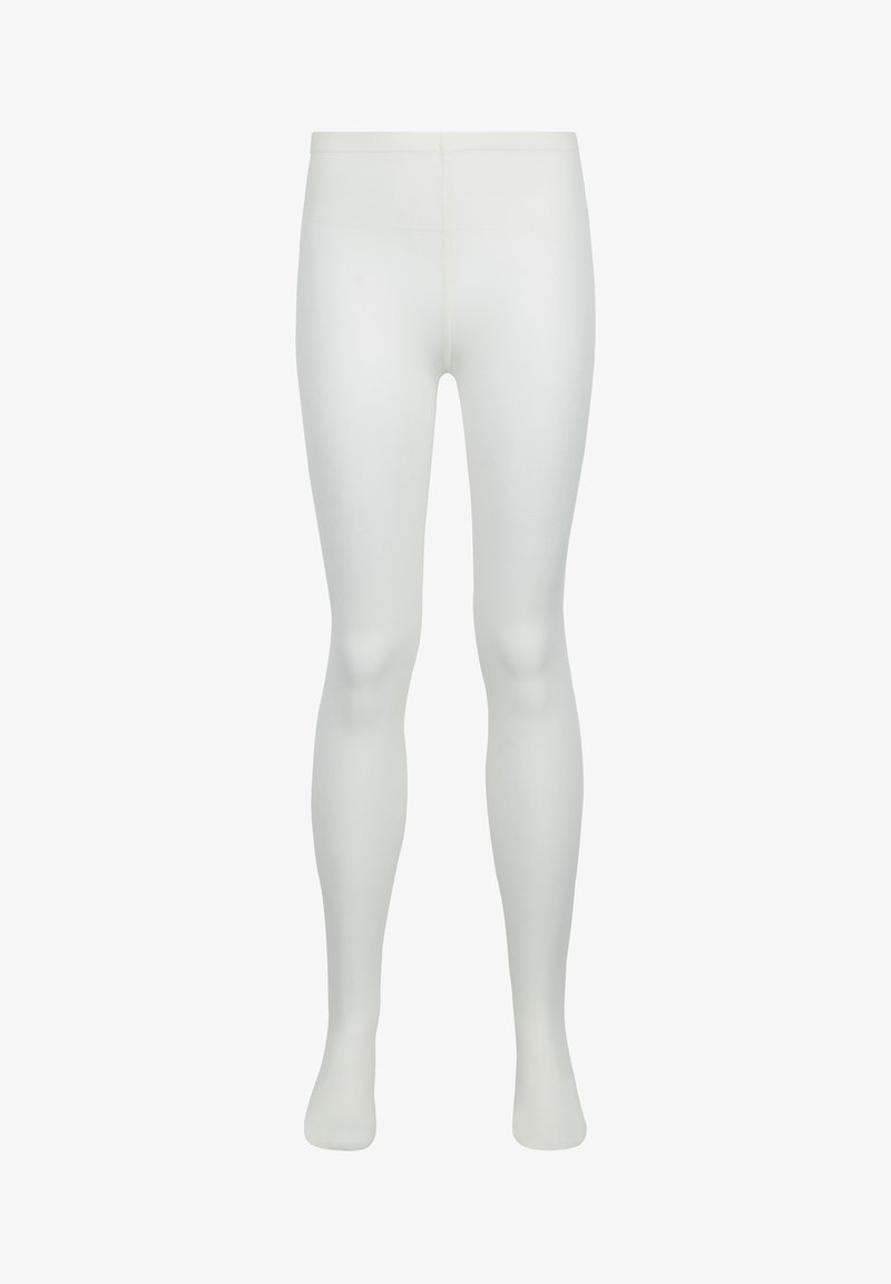Collants blancs en matière lisse et extensible. Ils présentent un design sans couture avec une taille douce et une couverture longue entière.