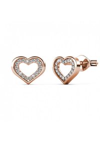 Ohrringe in Herzform aus roségold mit einem Rand aus kleinen, klaren Steinen, eingebettet in einen polierten Metallrahmen.