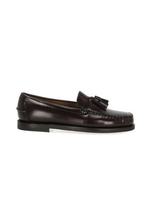 Mocassino in pelle marrone scuro con nappine, tacco basso e dettagli cuciti lungo la punta e i lati, mostrato dal lato esterno.
