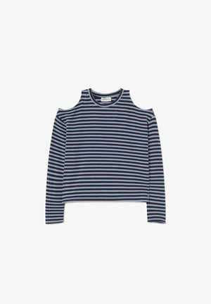 Top de manga larga a rayas en azul marino y azul claro con diseño de hombros descubiertos, cuello redondo, tela suave y un pequeño detalle de logo en el dobladillo.