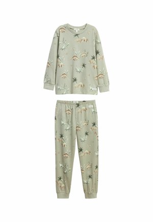 Kinder-Set mit langärmligem Oberteil und Hose in Hellgrün mit einem durchgehenden Vintage-Dinosaurier- und Palmenmuster.