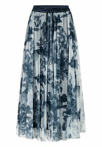 Maxirock aus transparentem Material mit Blumenmuster in Hellblau und dunkelblauen botanischen Designs. Mit elastischem Taillenbund und fließender Silhouette.