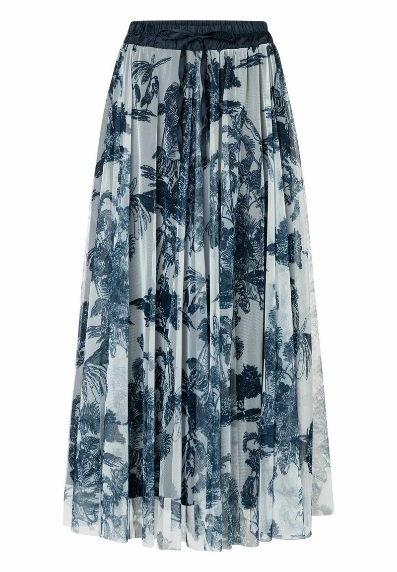 Maxirock aus transparentem Material mit Blumenmuster in Hellblau und dunkelblauen botanischen Designs. Mit elastischem Taillenbund und fließender Silhouette.