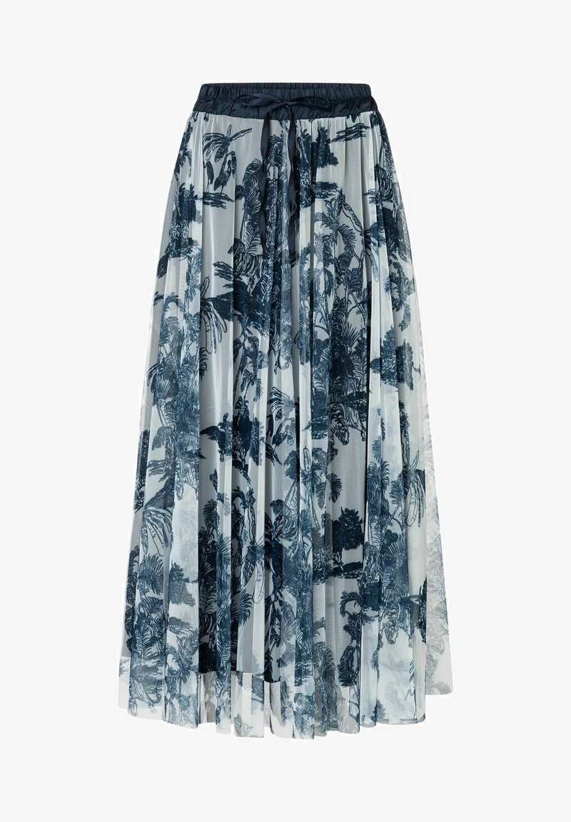 Maxirock aus transparentem Material mit Blumenmuster in Hellblau und dunkelblauen botanischen Designs. Mit elastischem Taillenbund und fließender Silhouette.