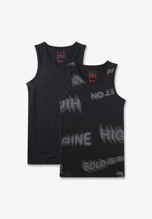 Two black tank tops: one solid and one with a faded text pattern. Both have round necklines and are made from a soft, stretchy fabric.