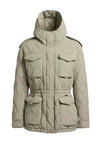 Gewatteerde buitenjack in lichtbeige, met een hoge kraag, twee borstzakken en een verstelbare taille met een riem.