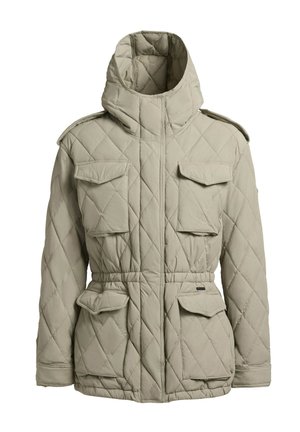 Veste d'extérieur matelassée en beige clair, avec un col haut, deux poches poitrine et une taille ajustable avec une ceinture.