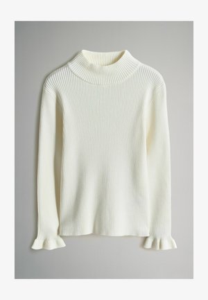 Ribota balta džemperis ar augstu apkakli, garām piedurknēm un viļņotām aprocēm. Mīksta tekstūra un taisna apakšmala. Piemērots slāņošanai.