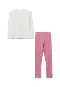 White long-sleeve top with crew neck and cuffs paired with pink leggings featuring white star patterns. Soft fabric, relaxed fit.