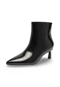 Bottines noires avec un bout pointu, finition en cuir synthétique brillant, petit talon carré et un design lisse et épuré.