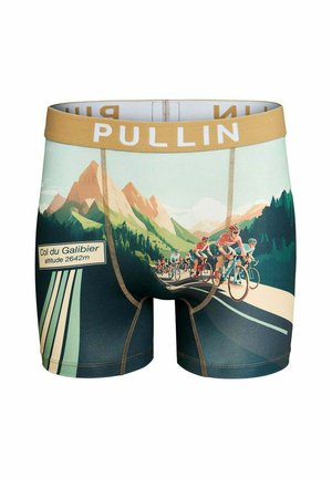 Sous-vêtements avec une scène de cyclisme en montagne sur route, des cyclistes grimpant une côte près d'un panneau indiquant "Col du Galibier altitude 2642m" et une ceinture couleur bronzée.