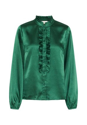Blouse en satin vert avec un plastron froncé, un col haut et des manches longues. Comprend des fermetures à boutons et des poignets froncés.