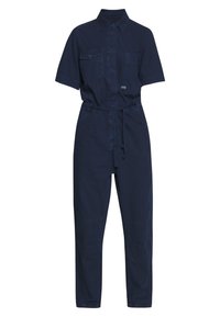 Marinblå jumpsuit i bomullsblandning, kort ärm, knapp-up krage, knytmidja, med en bröstficka och avsmalnande ben.