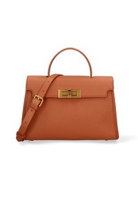 Borsa a tracolla in pelle color tan con forma strutturata, manico superiore e tracolla rimovibile. Presenta una chiusura rettangolare dorata sul davanti.