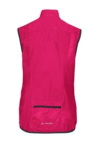 Gilet senza maniche rosa in tessuto leggero, con inserti in rete sul retro, collo alto e tasca posteriore con rifinitura nera.