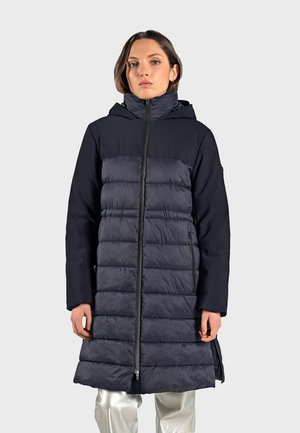 Marineblauwe donsjas met een capuchon, voorzien van een rits aan de voorkant, een gequiltde textuur, mouwen van volledige lengte en twee zijzakken.