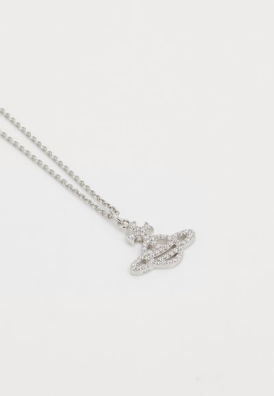 Silver pendant necklace featuring a decorative design with multiple small, clear stones. The chain is delicate and textured.