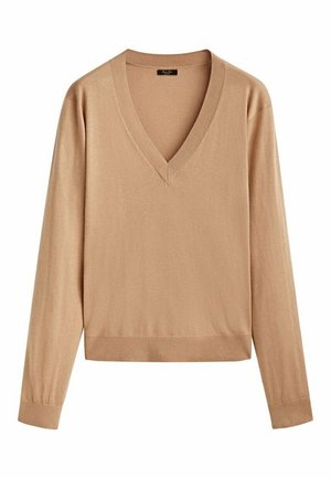 Pull beige à manches longues avec col en V, poignets et ourlet côtelés, confectionné en tissu tricot léger.