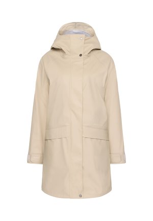 Beige wasserdichte Jacke mit Kapuze, ausgestattet mit Druckknopfverschluss, zwei Fronttaschen und elastischen Bündchen; glatte Textur und knielanges Design.