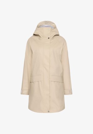 Beige wasserdichte Jacke mit Kapuze, ausgestattet mit Druckknopfverschluss, zwei Fronttaschen und elastischen Bündchen; glatte Textur und knielanges Design.