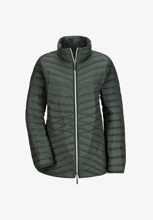 Veste matelassée vert foncé avec un col haut, dotée d'une fermeture éclair sur le devant et d'un motif de coutures horizontales pour l'isolation.