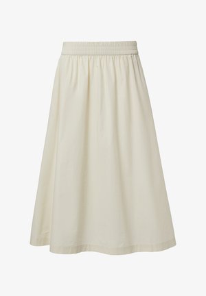 Kreemjas värvitoonis, põlvepikkune seelik, millel on elastne vöökoht ja pehme, sile tekstuur, esitades voolava A-line silueti.