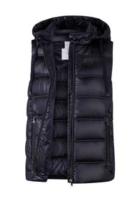 Navyblau gesteppte Puffer-Weste mit Kapuze, Frontreißverschluss, Kordelzügen und zwei seitlichen Reißverschlusstaschen, unverschlossen dargestellt.