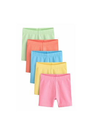 Cinco pares de pantalones cortos de algodón apilados horizontalmente en colores pastel: verde, naranja, azul, amarillo y rosa. Cada uno cuenta con una simple cintura elástica.