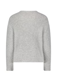 Hellgrauer Pullover aus einem weichen, strukturierten Stoff. Mit langen Ärmeln, Rundhalsausschnitt und einem lässigen, lockeren Schnitt.