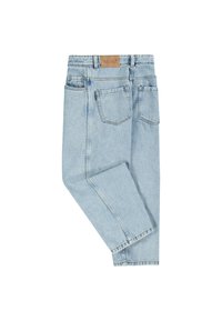 Jeanși din denim de un albastru deschis, cu un design drept al piciorului, având cinci buzunare și o etichetă din piele pe talie.