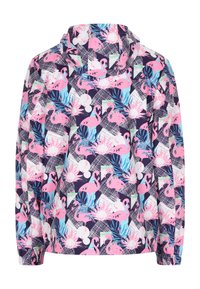 Letvægtsjakke med en lilla baggrund, prydet med et livligt pink flamingo-mønster, tropiske blade og geometriske detaljer.