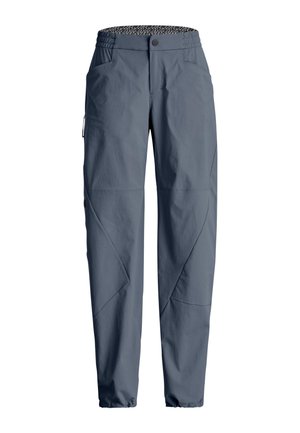 Dunkelgraue Outdoor-Hose für Herren mit elastischem Bund, seitlicher Reißverschlusstasche und schmal zulaufenden Beinen.