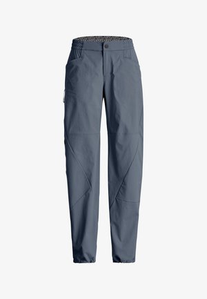 Dunkelgraue Outdoor-Hose für Herren mit elastischem Bund, seitlicher Reißverschlusstasche und schmal zulaufenden Beinen.